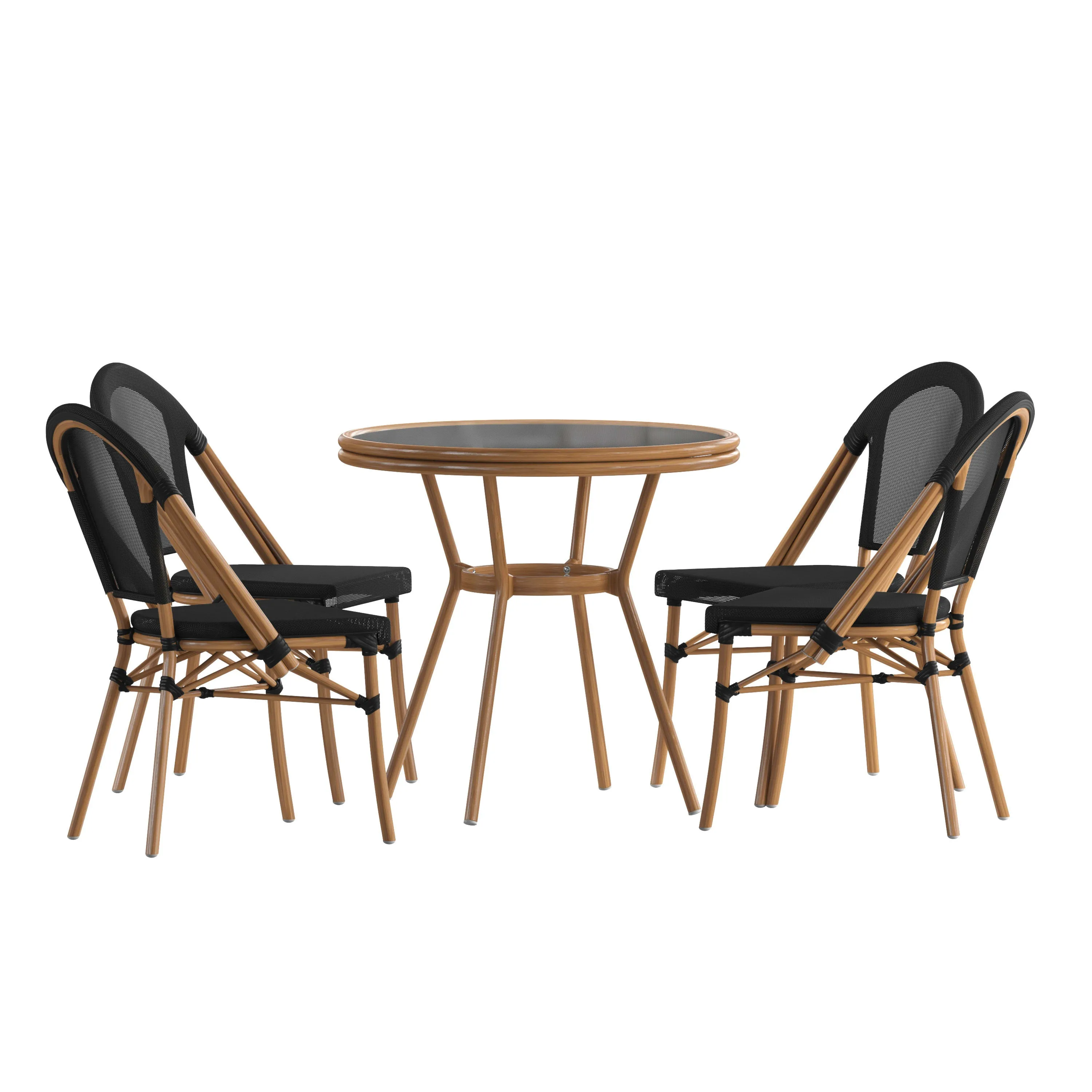 Marseille Indoor/Outdoor Commercial Bistro 31.5" Table, Textilene, Glass Top with 4 Stack Chairs