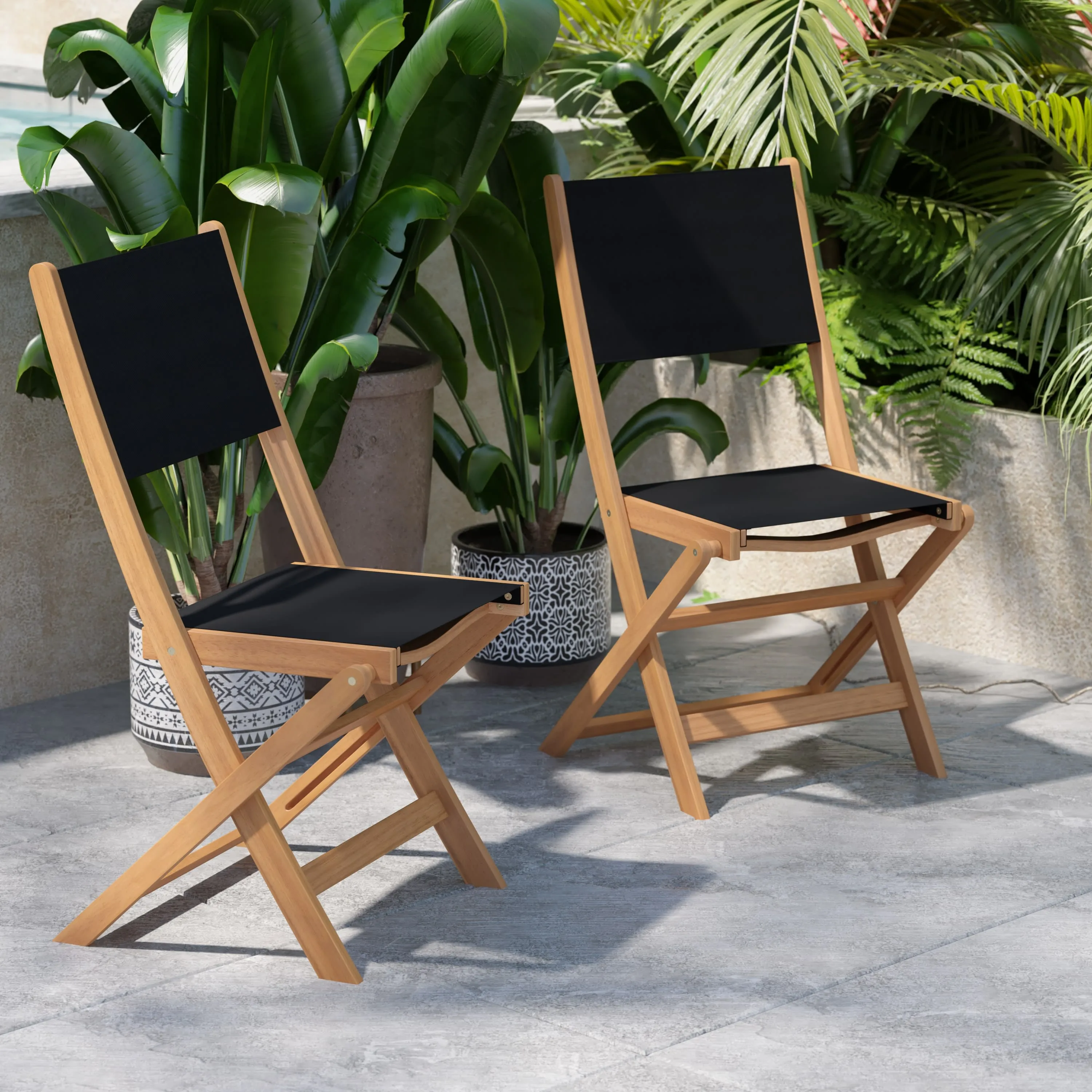 Martindale Indoor/Outdoor Folding Acacia Wood Patio Bistro Chairs with X Base Frame and Textilene Back and Seat, Set of 2