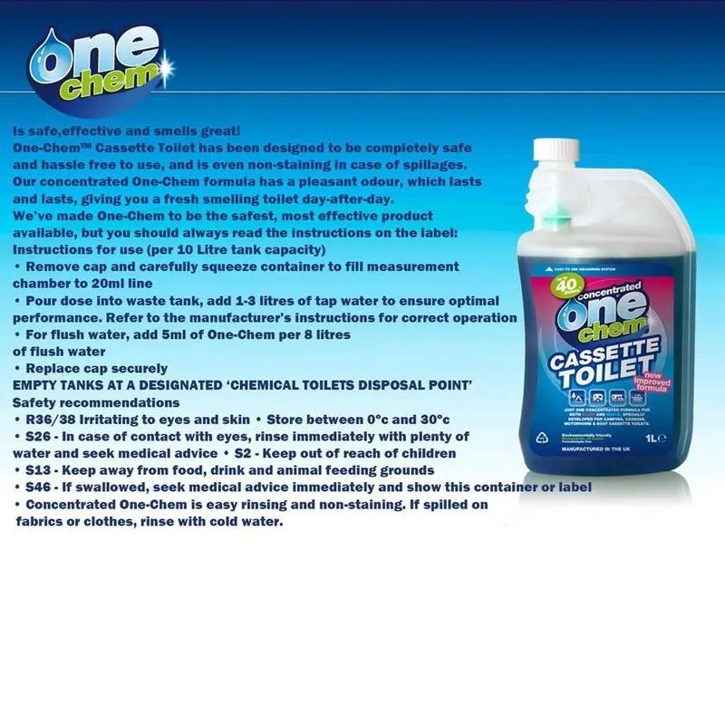 One Chem Cassette 1 Litre Blue Toilet Fluid - 2 in 1 (Flush & Waste)