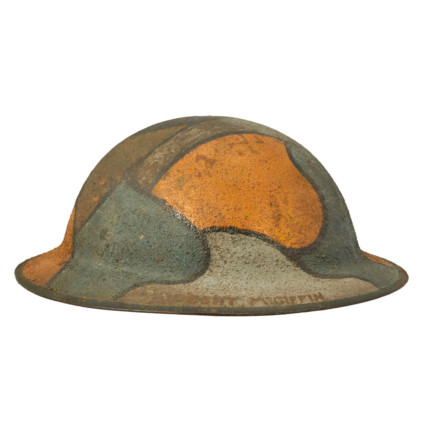 Original U.S. WWI NAMED M1917 Doughboy Helmet with Camouflage Panel Textured Paint - PFC Robert R. McGiffin