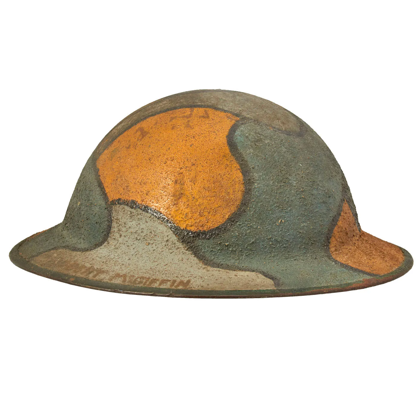 Original U.S. WWI NAMED M1917 Doughboy Helmet with Camouflage Panel Textured Paint - PFC Robert R. McGiffin