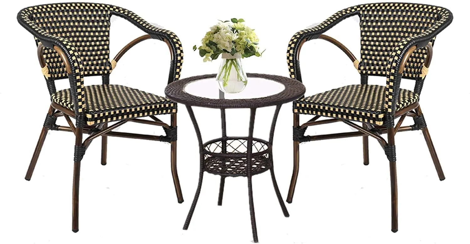 Outdoor Rattan Wicker Chair Set of 4 Stackable Arm Chairs with Aluminum Frame Patio Dining Chair for Backyard Porch Garden, Black/Cream