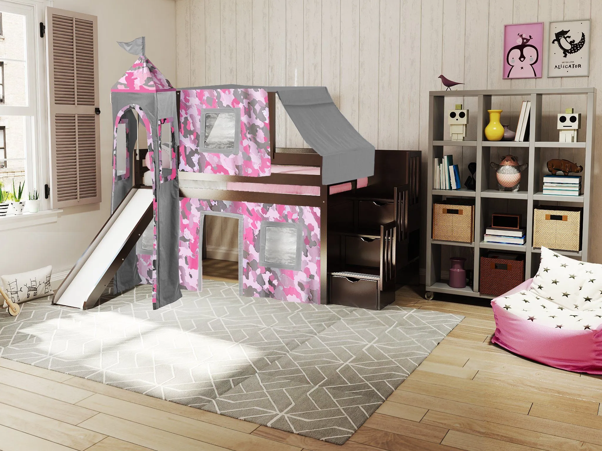 Princess Twin Loft Bed CHERRY, Stairs Slide Pink Camo Tent