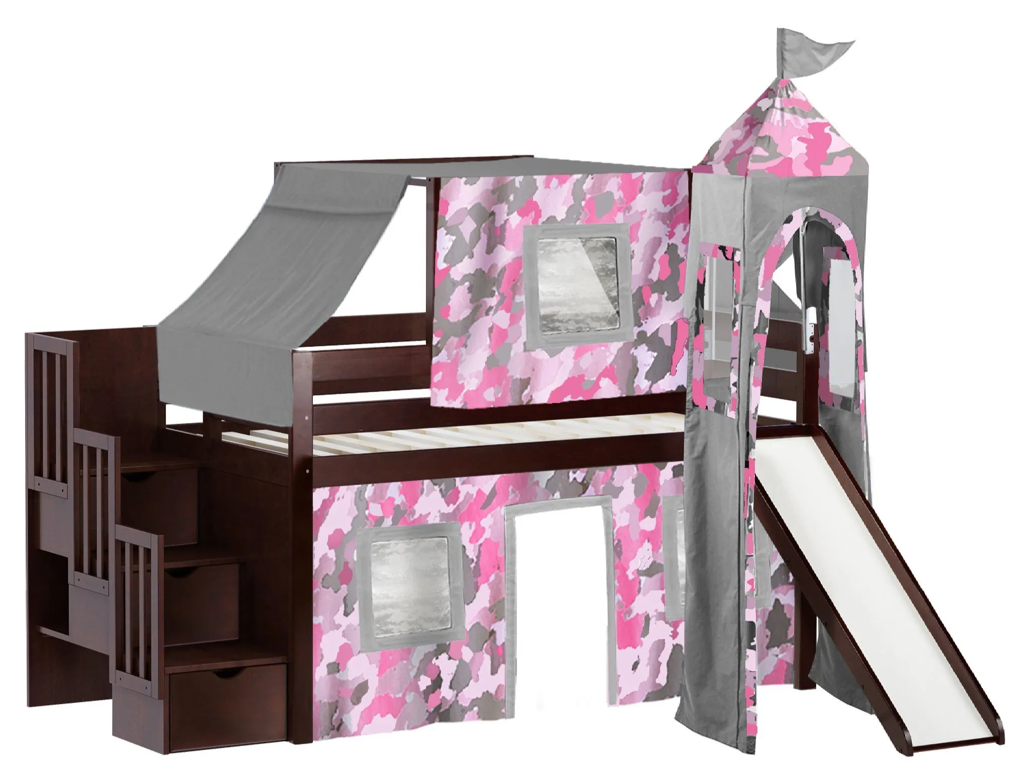 Princess Twin Loft Bed CHERRY, Stairs Slide Pink Camo Tent