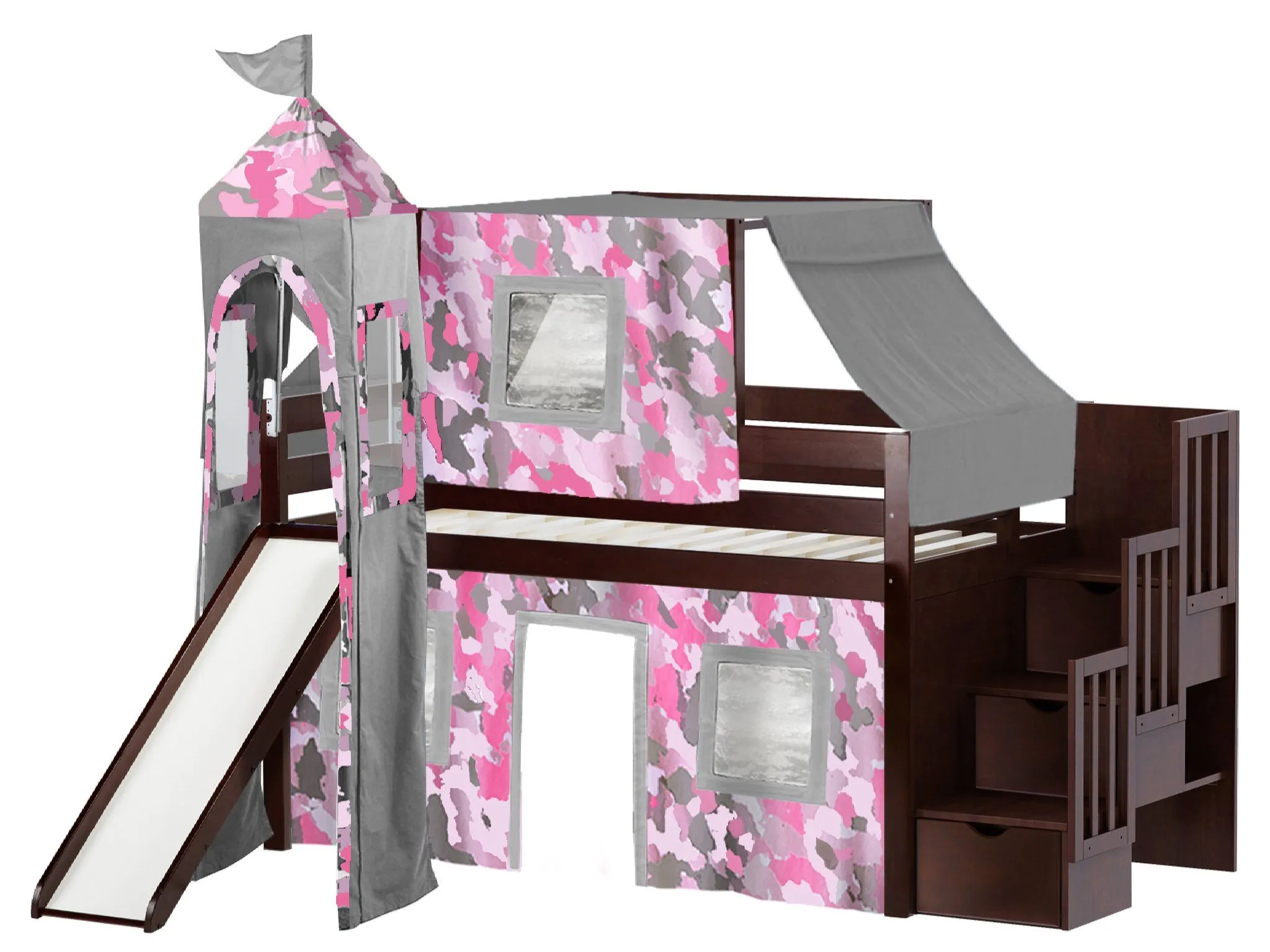 Princess Twin Loft Bed CHERRY, Stairs Slide Pink Camo Tent