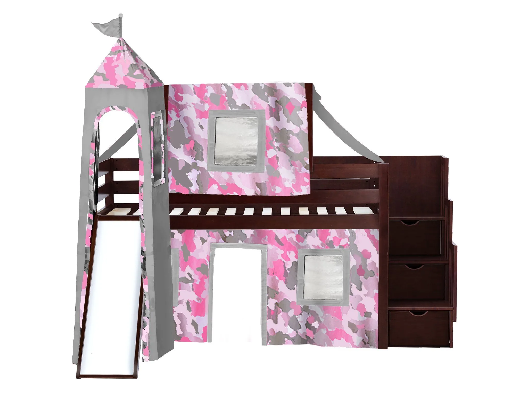 Princess Twin Loft Bed CHERRY, Stairs Slide Pink Camo Tent