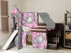 Princess Twin Loft Bed CHERRY, Stairs Slide Pink Camo Tent