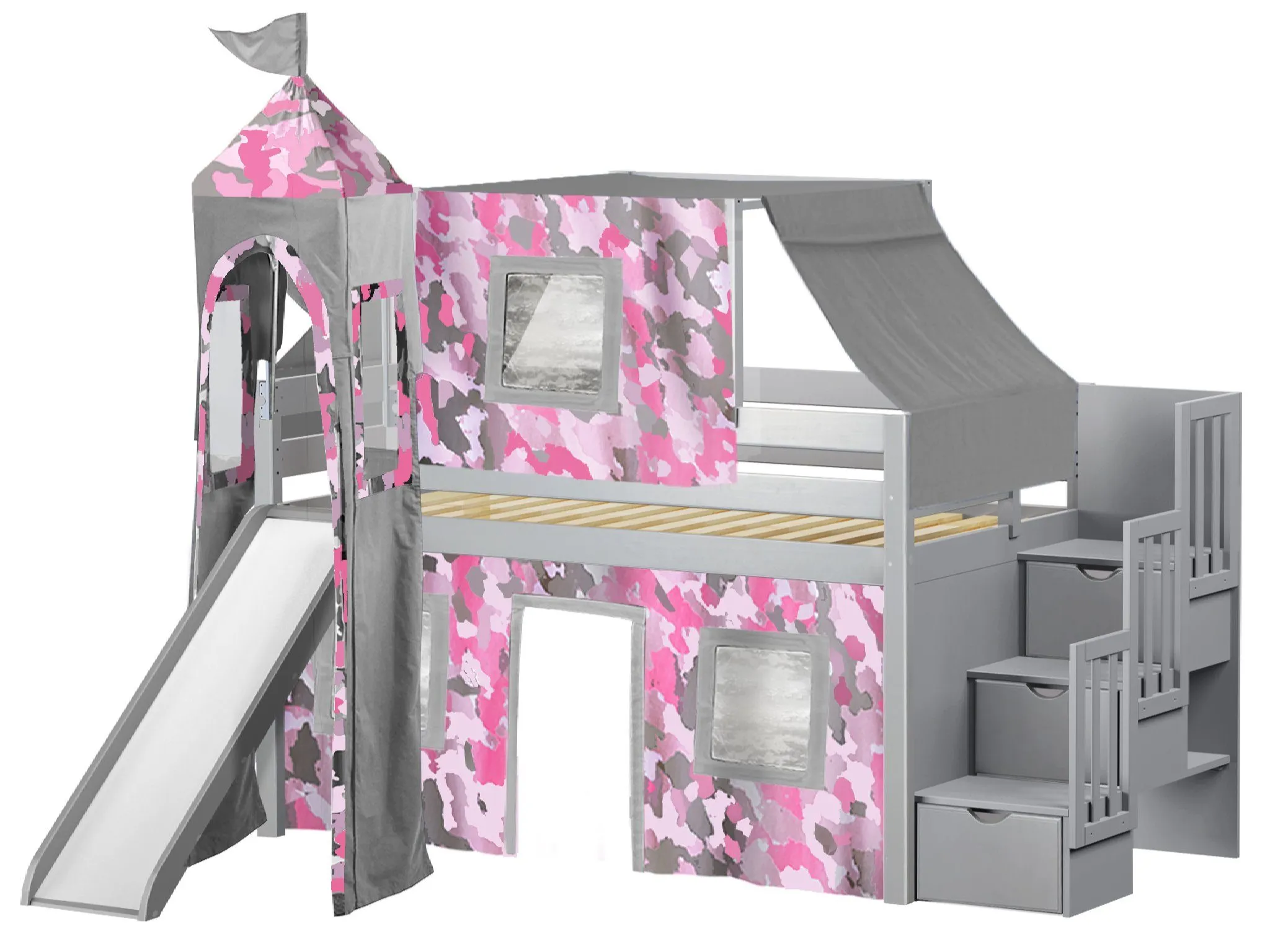 Princess Twin Loft Bed GRAY, Stairs Slide Pink Camo Tent