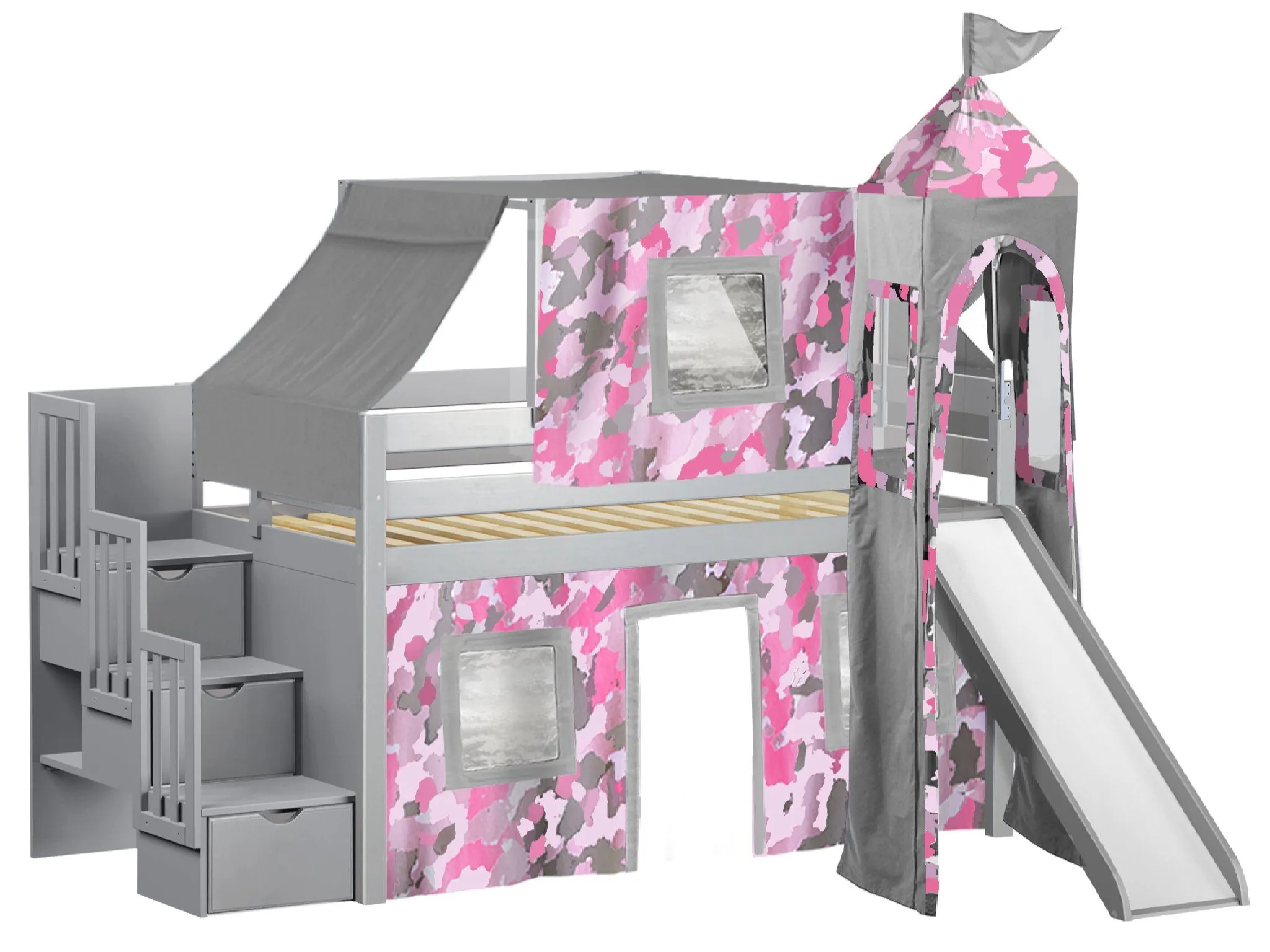 Princess Twin Loft Bed GRAY, Stairs Slide Pink Camo Tent