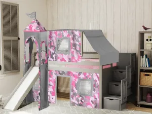 Princess Twin Loft Bed GRAY, Stairs Slide Pink Camo Tent