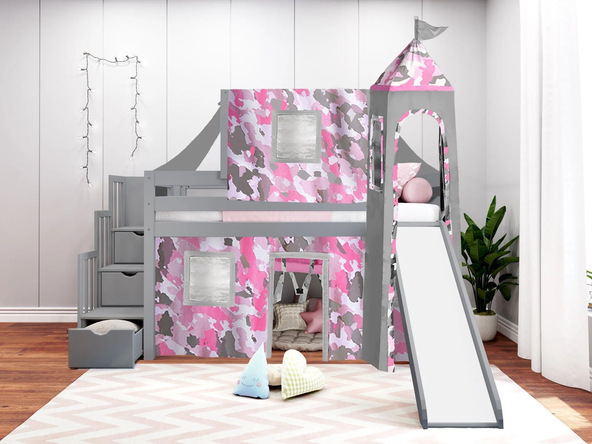 Princess Twin Loft Bed GRAY, Stairs Slide Pink Camo Tent