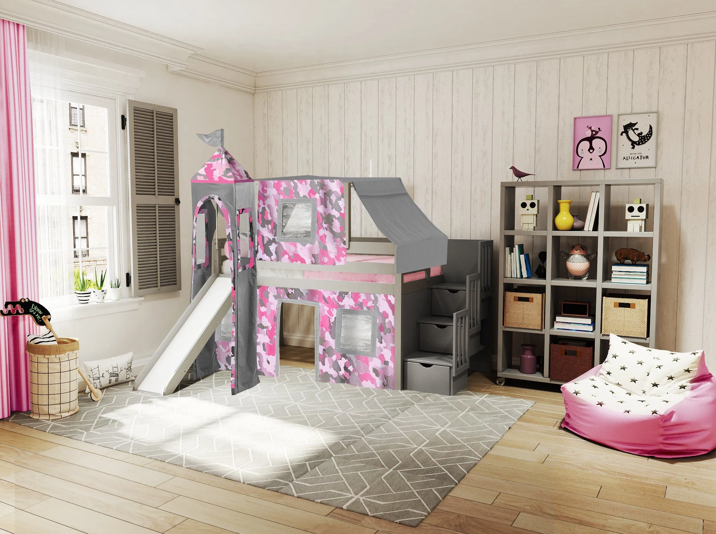 Princess Twin Loft Bed GRAY, Stairs Slide Pink Camo Tent