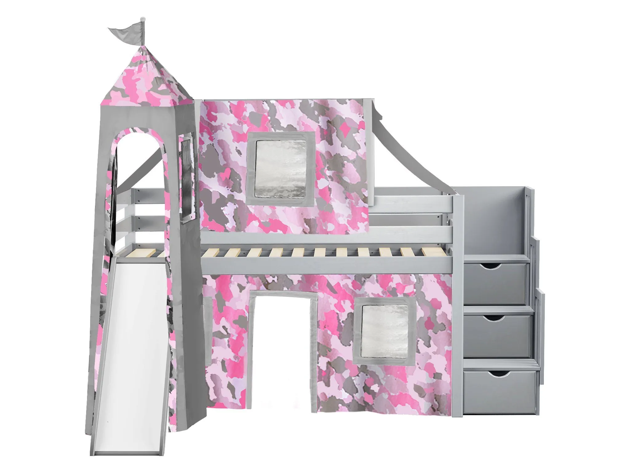 Princess Twin Loft Bed GRAY, Stairs Slide Pink Camo Tent