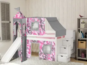 Princess Twin Loft Bed WHITE, Stairs Slide Pink Camo Tent