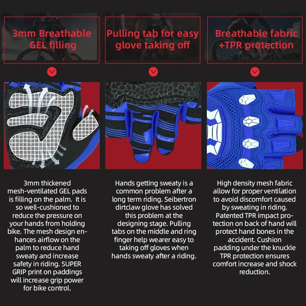 Seibertron Dirtclaw Anti-Slip Fingerless Gloves: Perfect for Off-Road, BMX, and Motocross Adventures