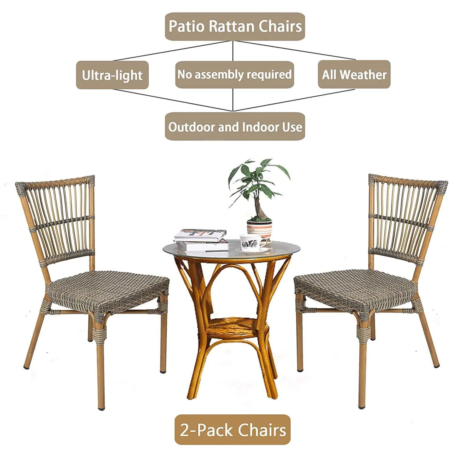 Set of 2 Patio Wicker Chairs Ultra-Light Outdoor Dining Chairs with PE Rattan and Aluminum Frame