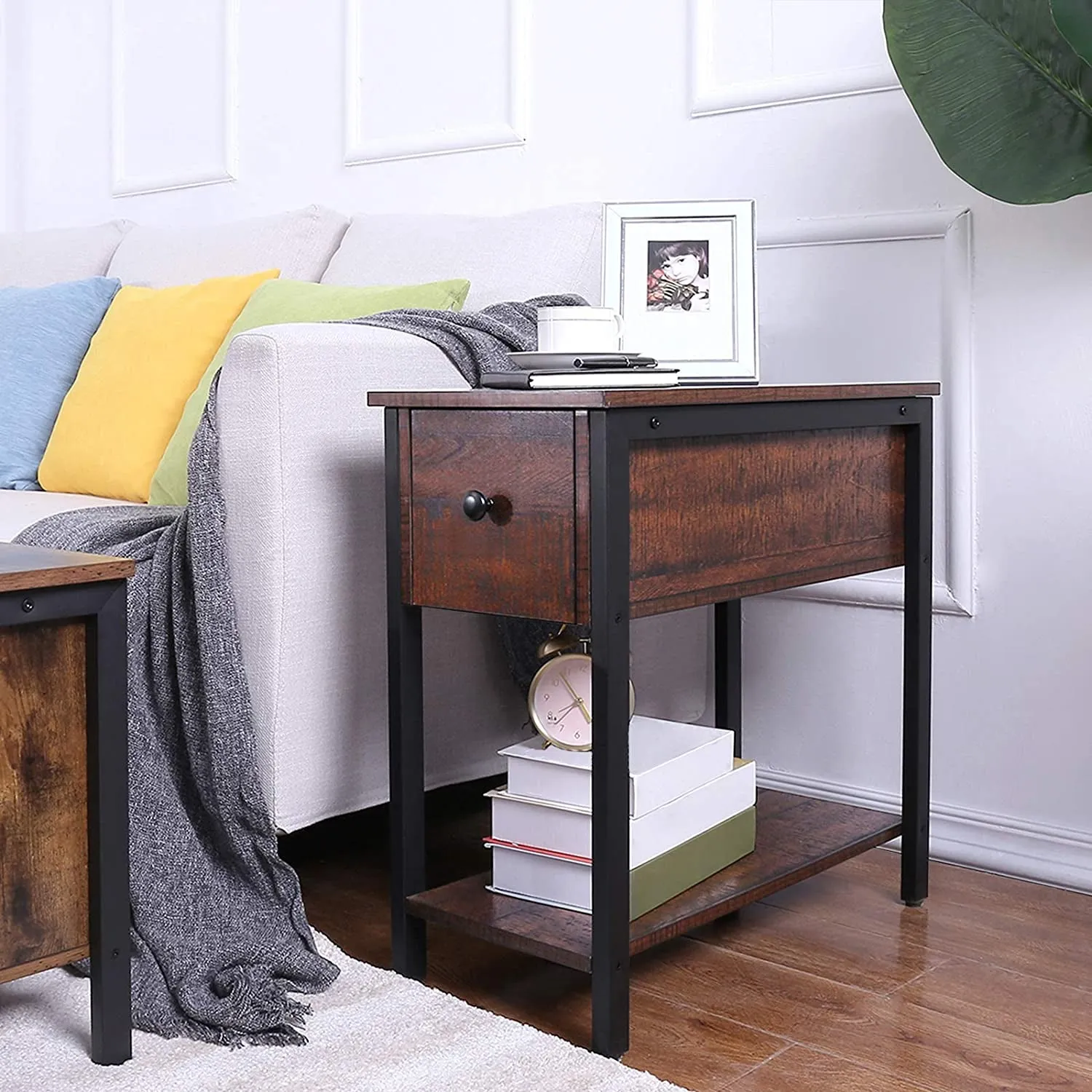 Side Table, 2-Tier Nightstand with Drawer, Narrow End Table for Small Spaces