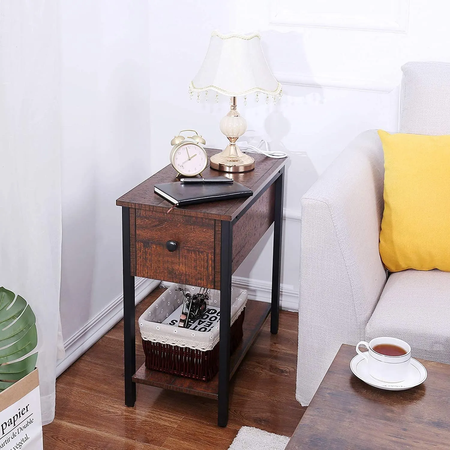 Side Table, 2-Tier Nightstand with Drawer, Narrow End Table for Small Spaces