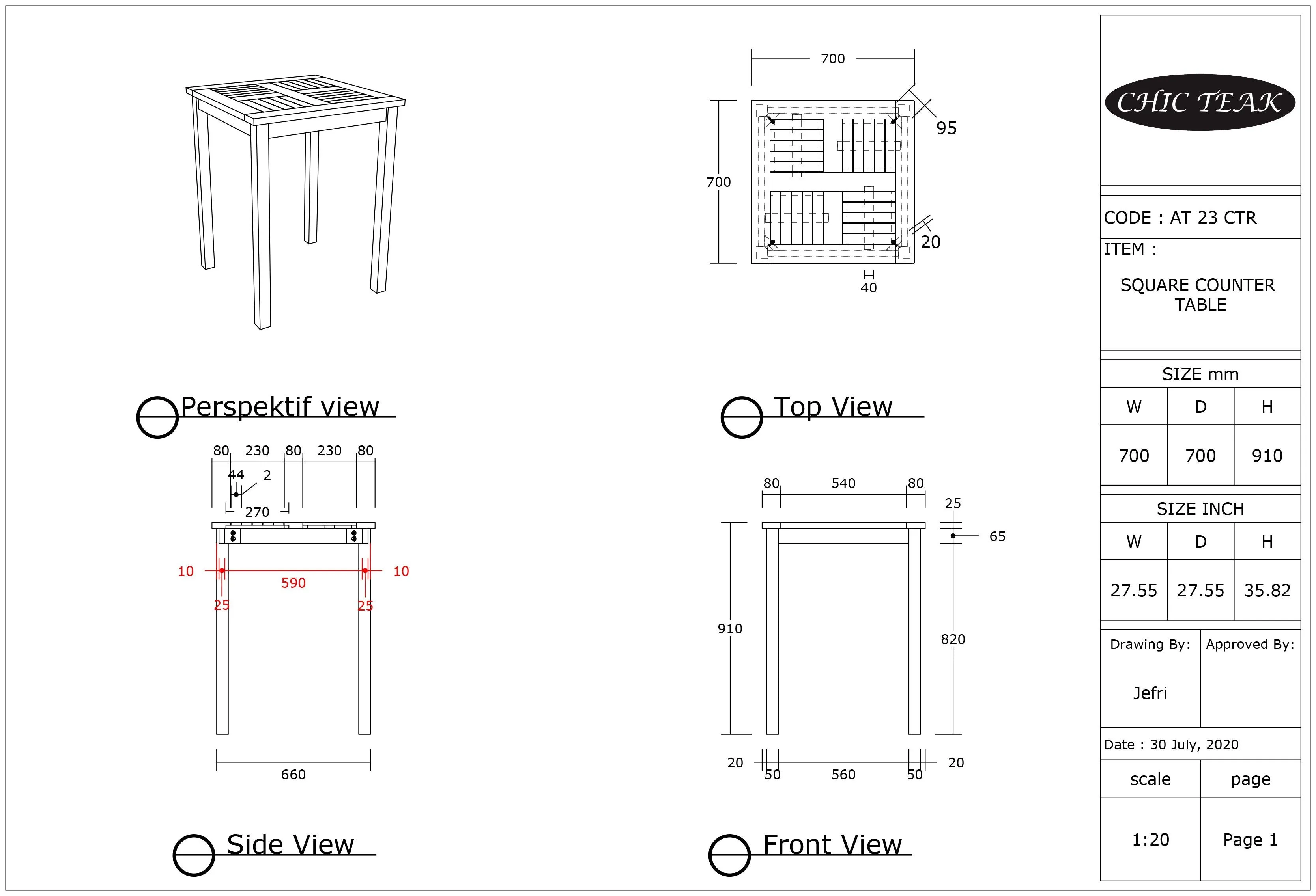 Teak Wood Seville Outdoor Patio Counter Height Bistro Table - 27 inch